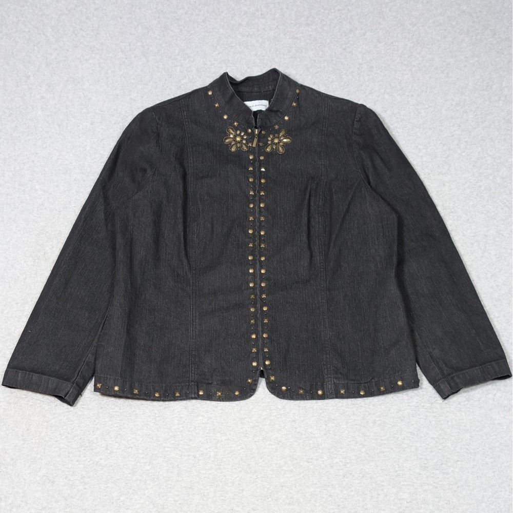 Alfred Dunner Denim Full Zip Jacket Womens Size 12 Beaded Studded Dark Wash